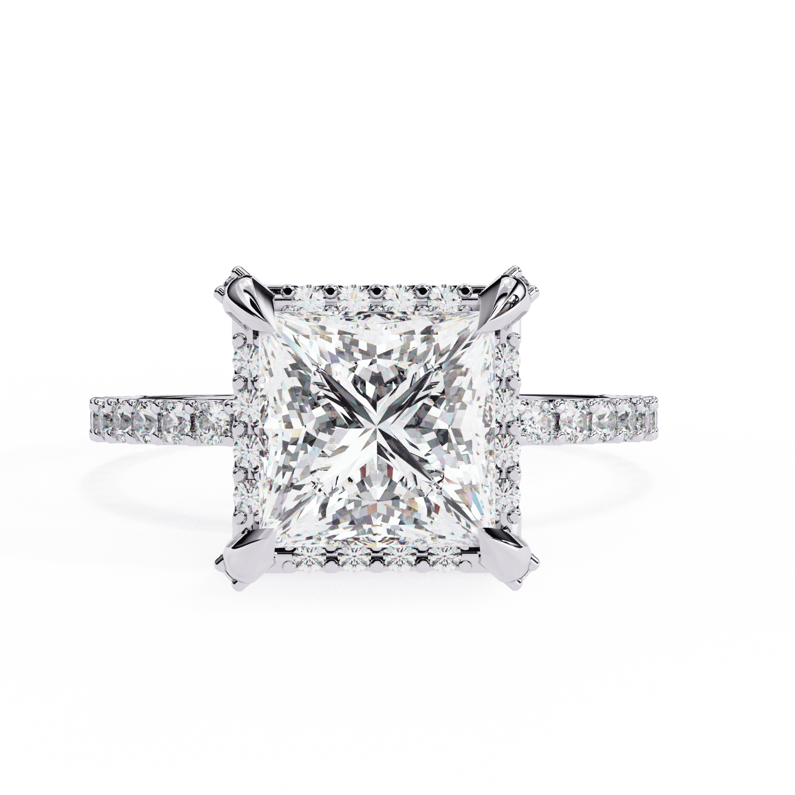 Princess-Cut Diamond Engagement Ring with Prong Setting and Pave Band